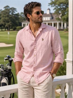 U.S. Polo Assn. Men’s Light Pink Cotton Linen Button Down Shirt Medium